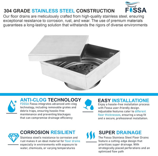 Fossa Marble 6"x6" Inch Square Floor Drain, 304 Grade Stainless Steel, for Bathroom Grating Square Floor Drain Jali, (Matte Finish)-1