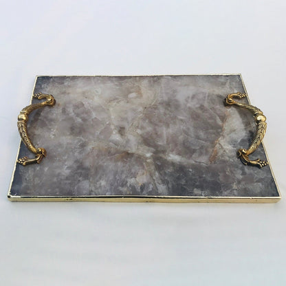 Smoky Quartz Agate  Serving Tray With Brass Handles-0