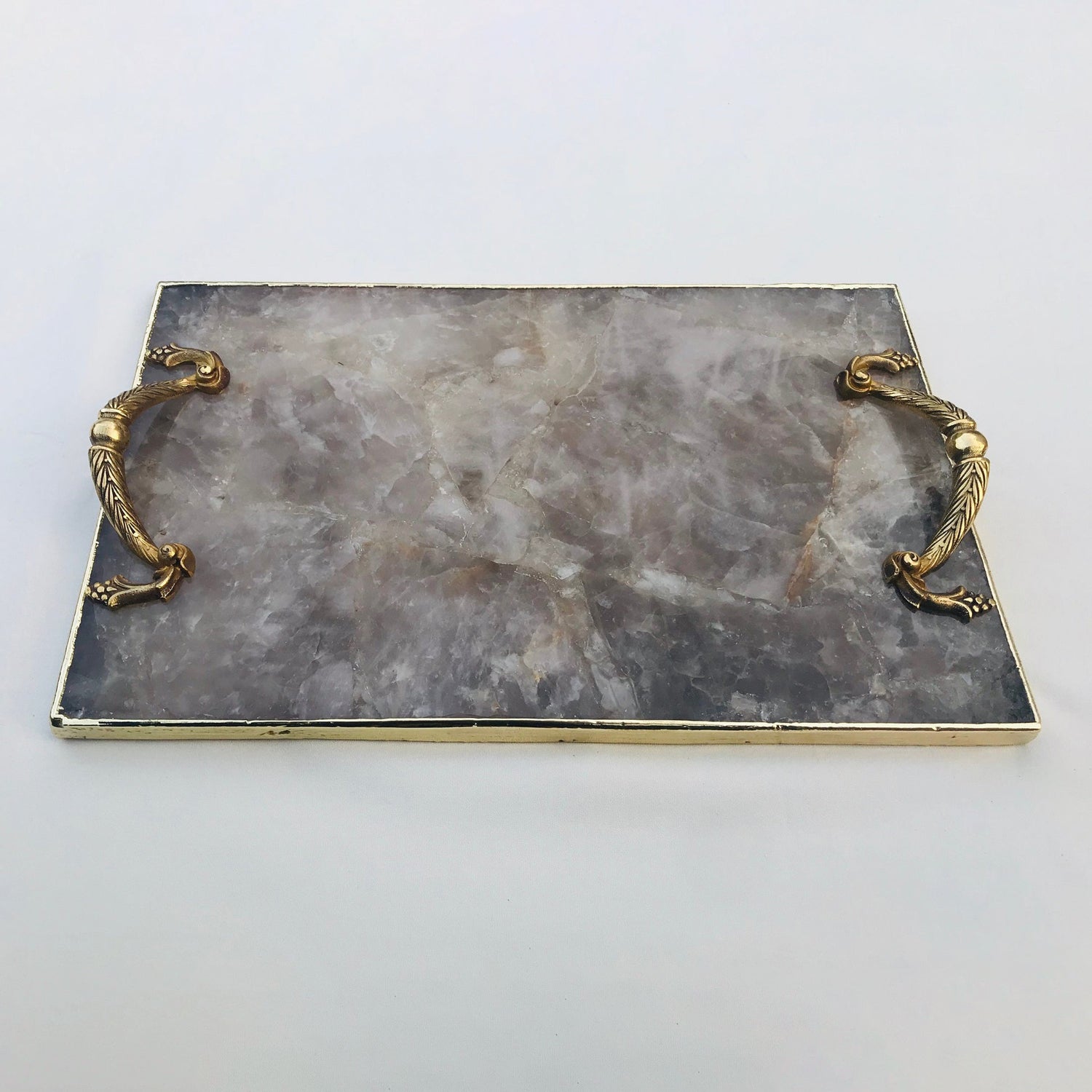 Smoky Quartz Agate  Serving Tray With Brass Handles-4