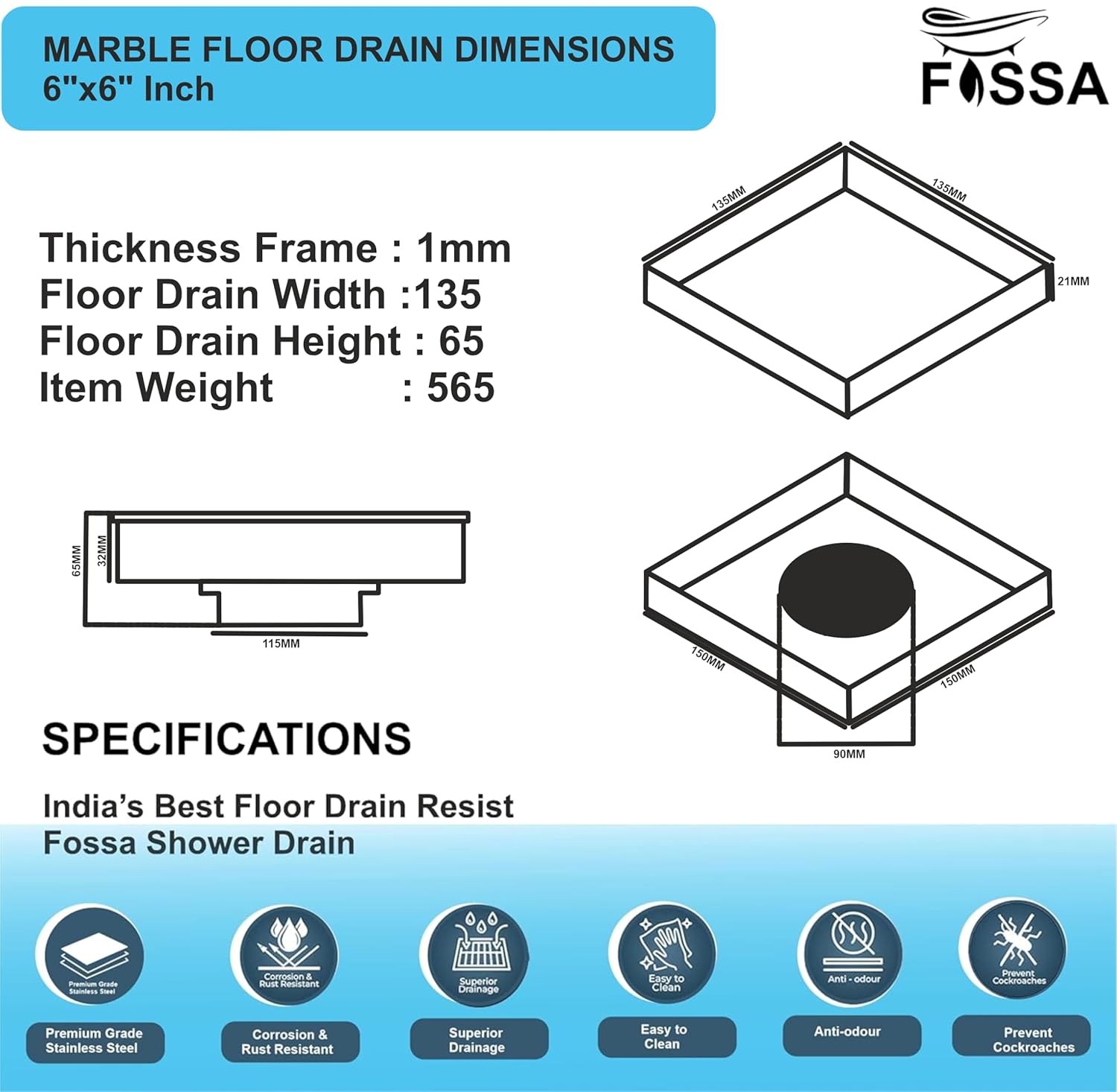 Fossa Marble 6"x6" Inch Square Floor Drain, 304 Grade Stainless Steel, for Bathroom Grating Square Floor Drain Jali, (Matte Finish)-3