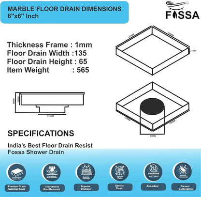 Fossa Marble 6"x6" Inch Square Floor Drain, 304 Grade Stainless Steel, for Bathroom Grating Square Floor Drain Jali, (Matte Finish)-3