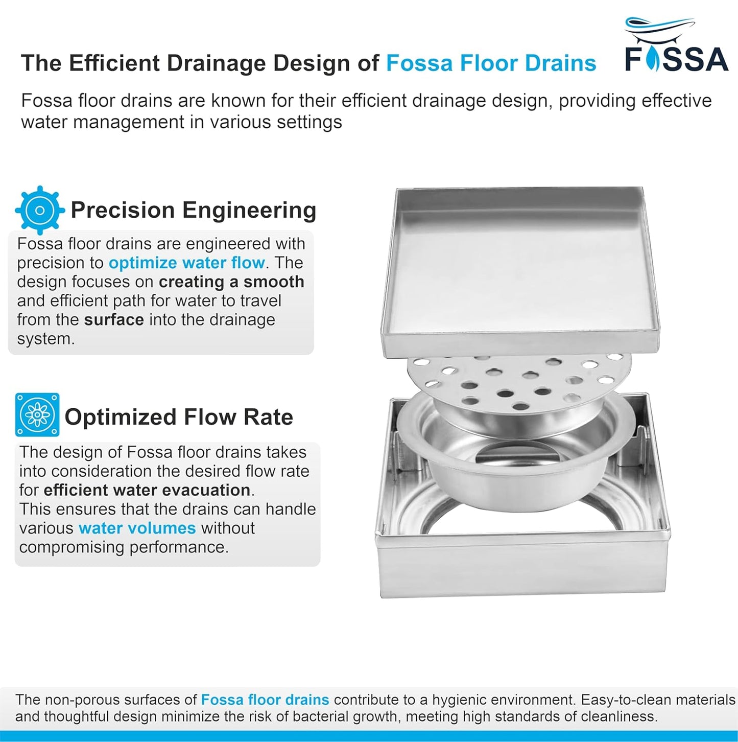 Fossa Marble 6"x6" Inch Square Floor Drain, 304 Grade Stainless Steel, for Bathroom Grating Square Floor Drain Jali, (Matte Finish)-4