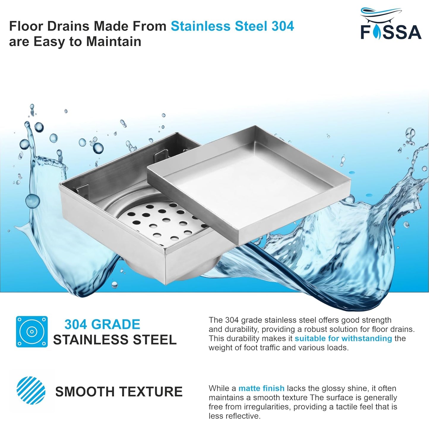 Fossa Marble 6"x6" Inch Square Floor Drain, 304 Grade Stainless Steel, for Bathroom Grating Square Floor Drain Jali, (Matte Finish)-2