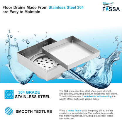 Fossa Marble 6"x6" Inch Square Floor Drain, 304 Grade Stainless Steel, for Bathroom Grating Square Floor Drain Jali, (Matte Finish)-2